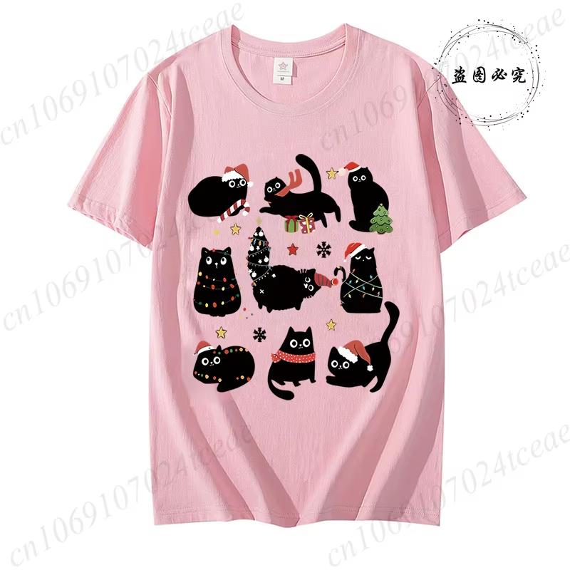 Black Cat Christmas Tops Fun Cat Costumes With Santa Claus Hats Patterned TShirts Christmas Party Outfits