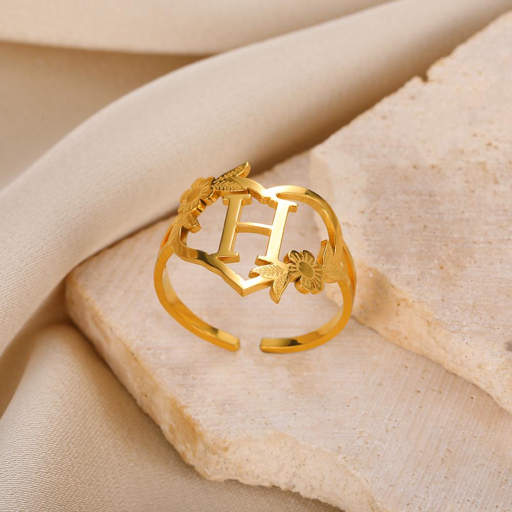 Stainless Steel Initials Flower Heart Rings Gold Color Adjustable Delicate Letter Leaf Rings For Women Girl Alphabet Jewelry KTJ
