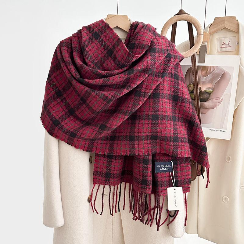 New Korean grid autumn and winter fresh couple gentle retro warm scarf women's versatile tassel imitation cashmere scarf