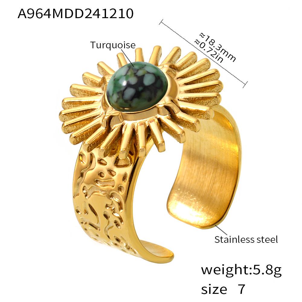 Qiong Yao Sunflower Turquoise Adjustable Ring, PVD 18K Gold Vintage Style.