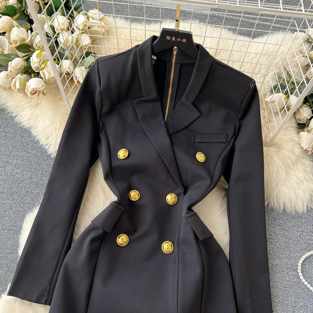 Designer Blazer Dress Women's Long Sleeve Double Breasted Metal Buttons Satin Notched Collar Dress