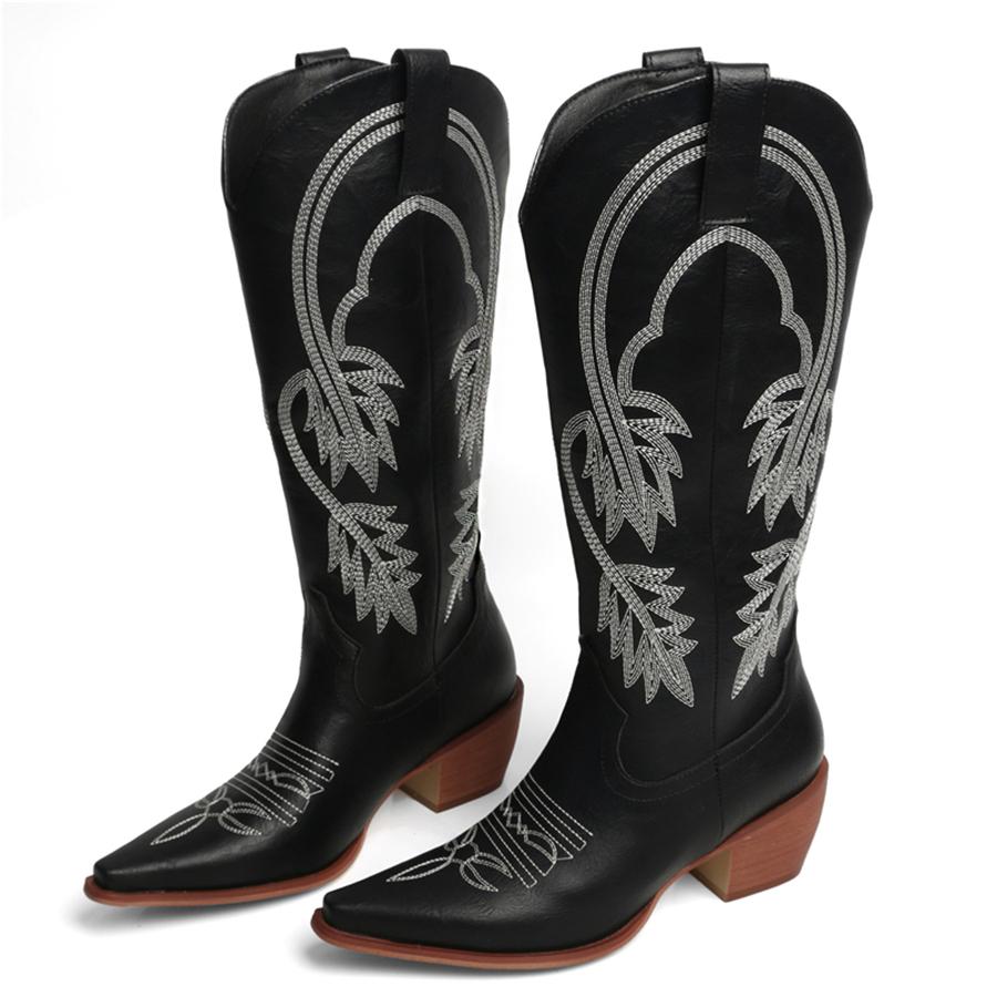 FOREADA Women Knee High Cowboy Long Boots Pointed Toe Chunky High Heels Embroidery Wester Gogo Boots Ladies Fashion Shoes Winter Red