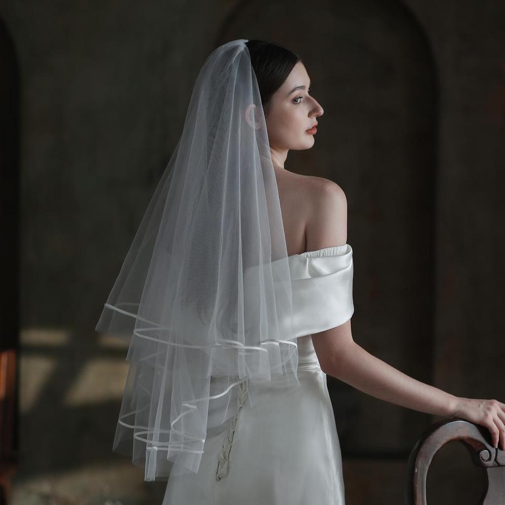 V853 European & American Satin Edge Double Layer Bridal Veil: Super Fairy White, Puffy Wedding, Travel Photoshoot Headwear