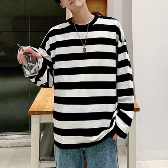 Męska bluza w paski, okrągły dekolt, długi rękaw, swobodny, luźny krój, modny top dla młodych mężczyzn, akcesoria