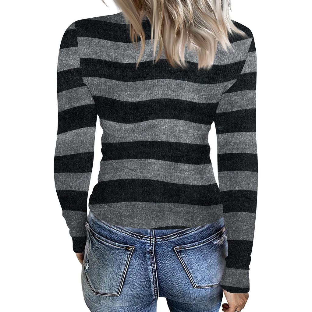 Damski casualowy modny top z okrągłym dekoltem, w paski, z długim rękawem, prążkowany