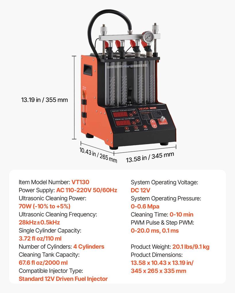 Fuel Injector Cleaner Tester, 9 Test Modes, 4-Cylinder 28kHz Ultrasonic Cleaning Machine, Automotive Injector Cleaner Machine with Drain Valve and 12V