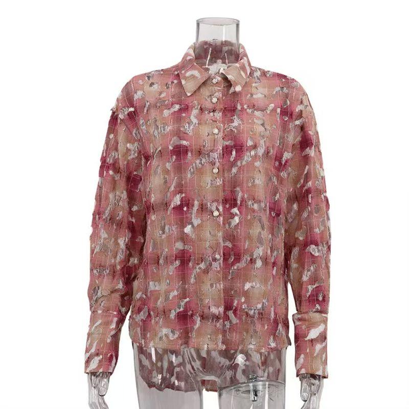 

Western Style New Ripped Design Sense Plaid Shirts Lapel Long sleeve Cardigan Top a Torn Shirt Top Pink L