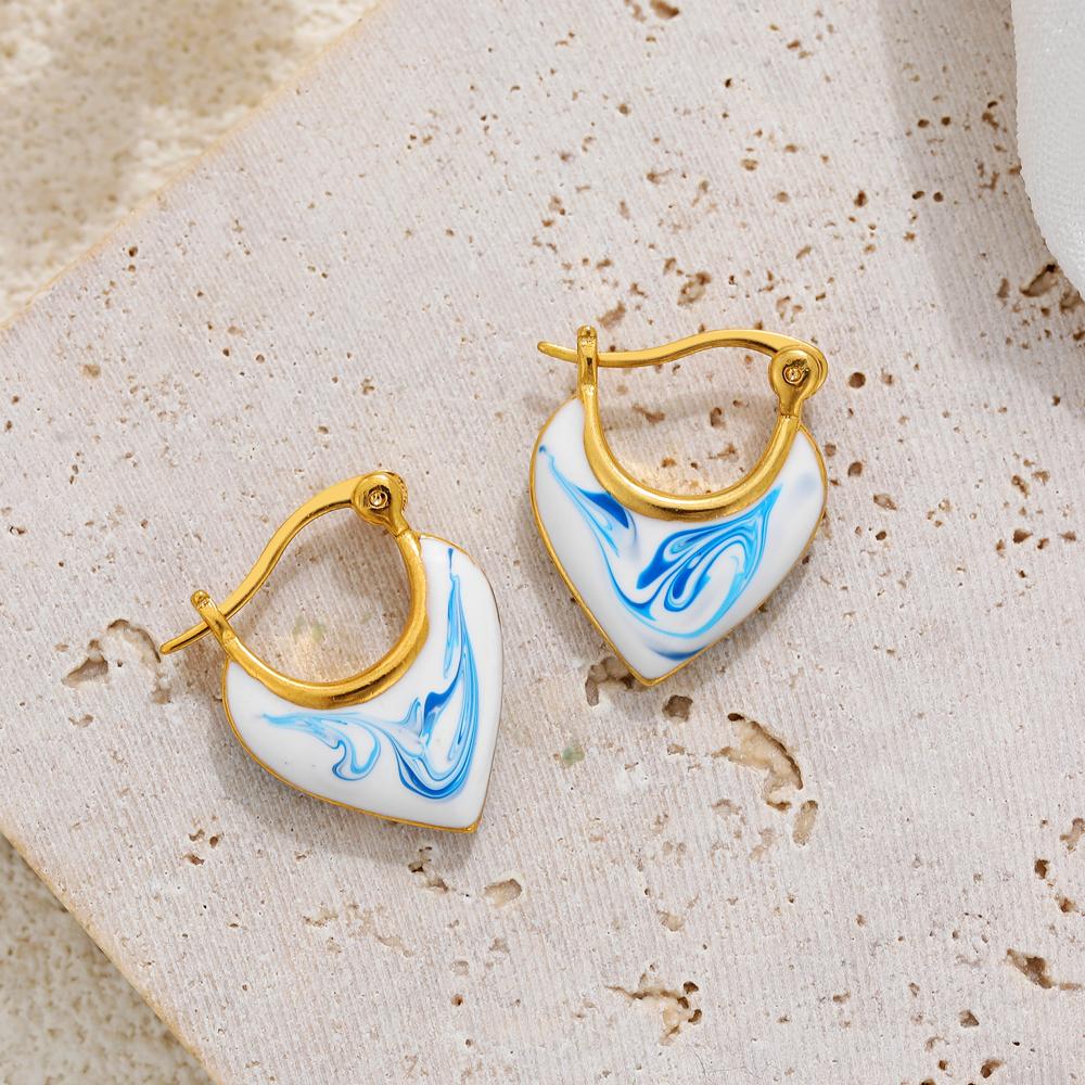 

Vintage Blue and White Porcelain Geometric Stainless Steel Hoop Earrings Gold Plated Oil Drip Earring Fashion Jewelry Gifts