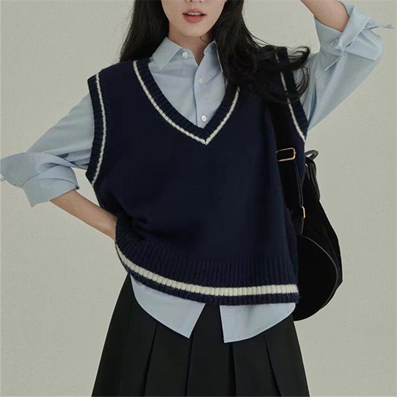 

Свободный трикотажный жилет в стиле колледжа для женщин на осень с V-образным вырезом, многослойный свитер-жилет для женщин One size темно-синий