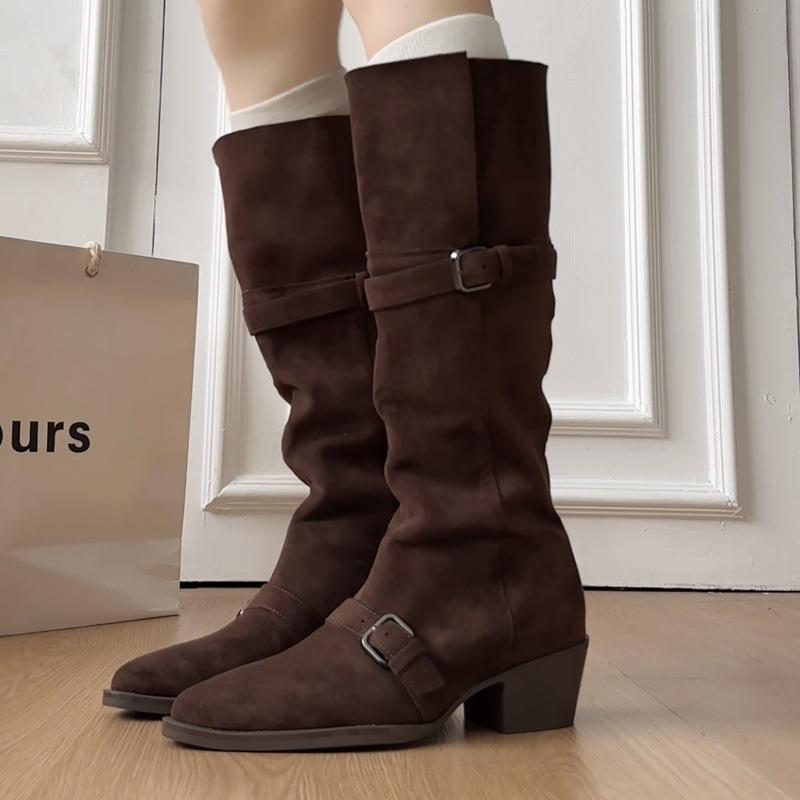 Korean Version Retro Suede Belt Buckle Thick Heel Boots Women's Autumn and Winter Wear Classic Wide Circumference Thin Long Boots