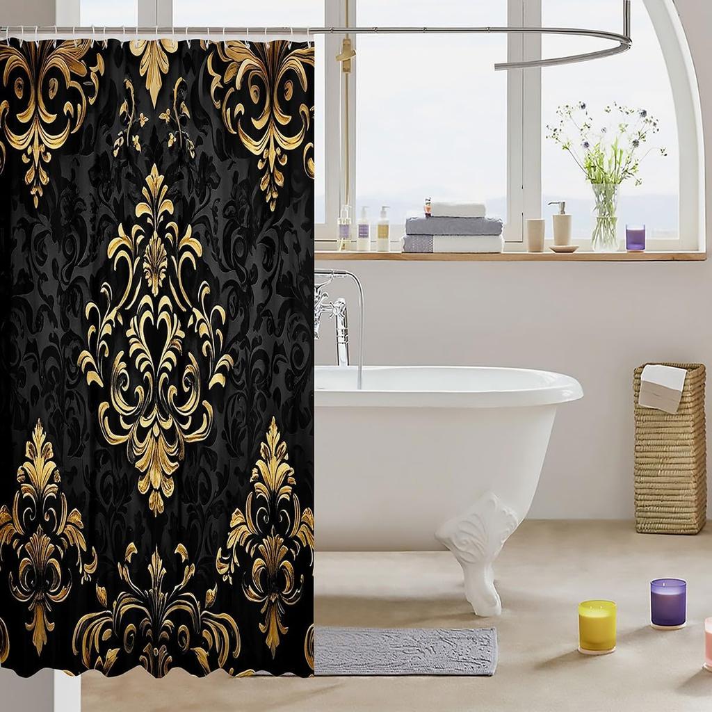 Vintage Boho Damask Floral Bathroom Curtain,Bohemian Exotic Goth Shower Curtain Victorian Baroque Flower Shower Bathtub Decor