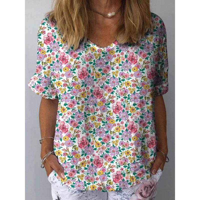 Summer V-neck 3D Floral Printed Top Fashionable Casual Short Sleeved Women's T-shirts