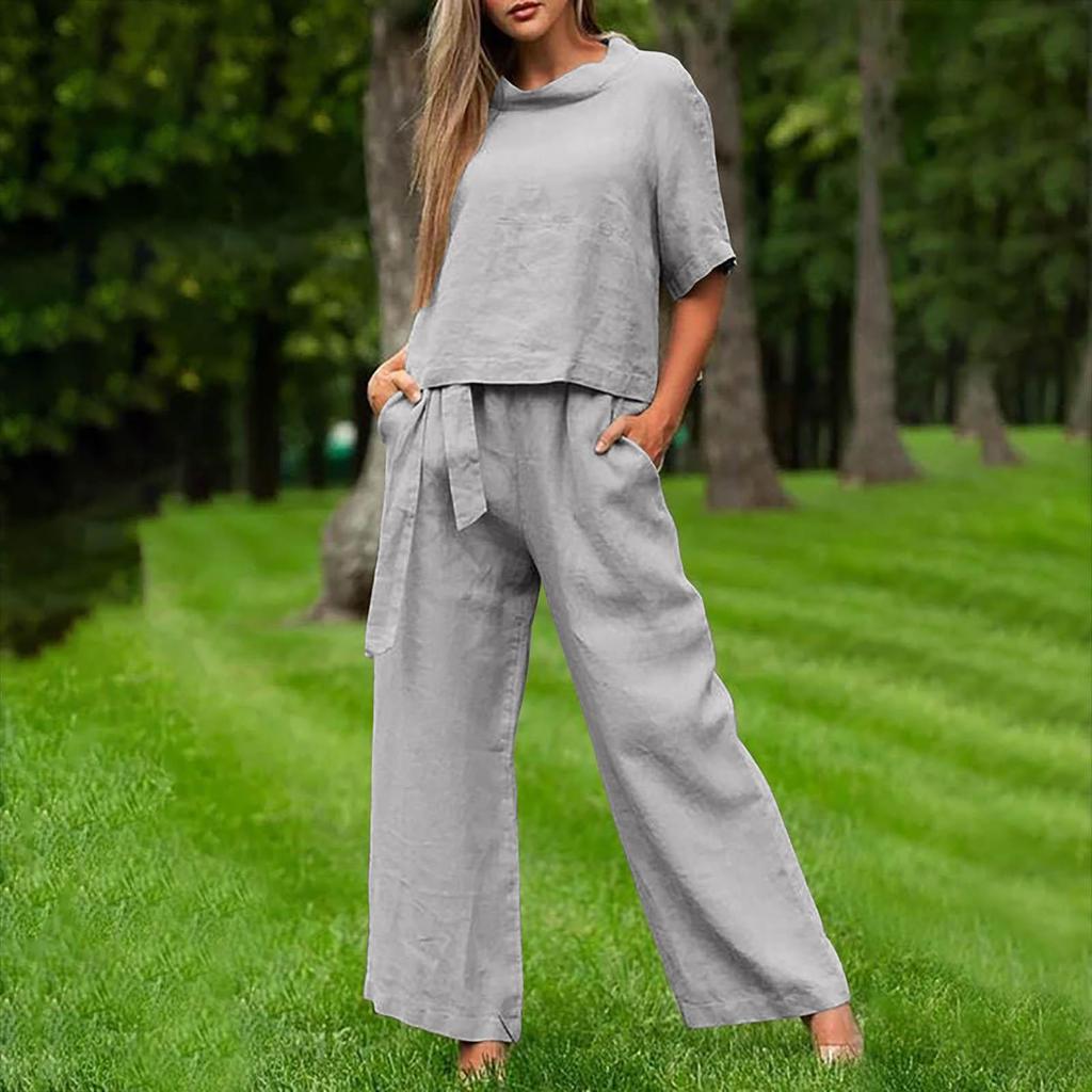 European & American Plus Size Women's Casual Summer Two-Piece Set with Short Sleeve Round Neck