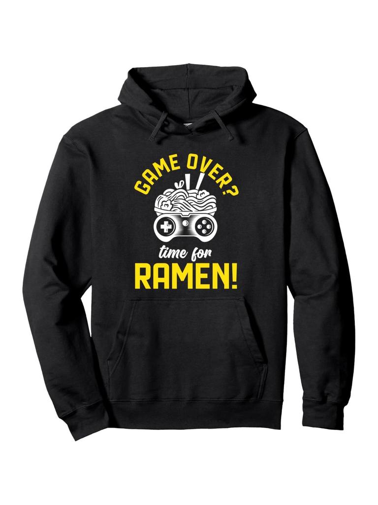 Unisex Funny Gaming & Ramen Lover Hoodie-Text Game Over? Time for Ramen! Pullover with Joystick & Noodle Design, Black Casual Sweatshirt for Gamers, C
