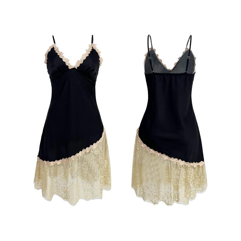 Satin Lace Patchwork Cami Nightgown Deep V Sexy Slim Fit Comfortable Women's Loungewear 418 Luxurious Flattering Sleepwear with Silky Satin Texture