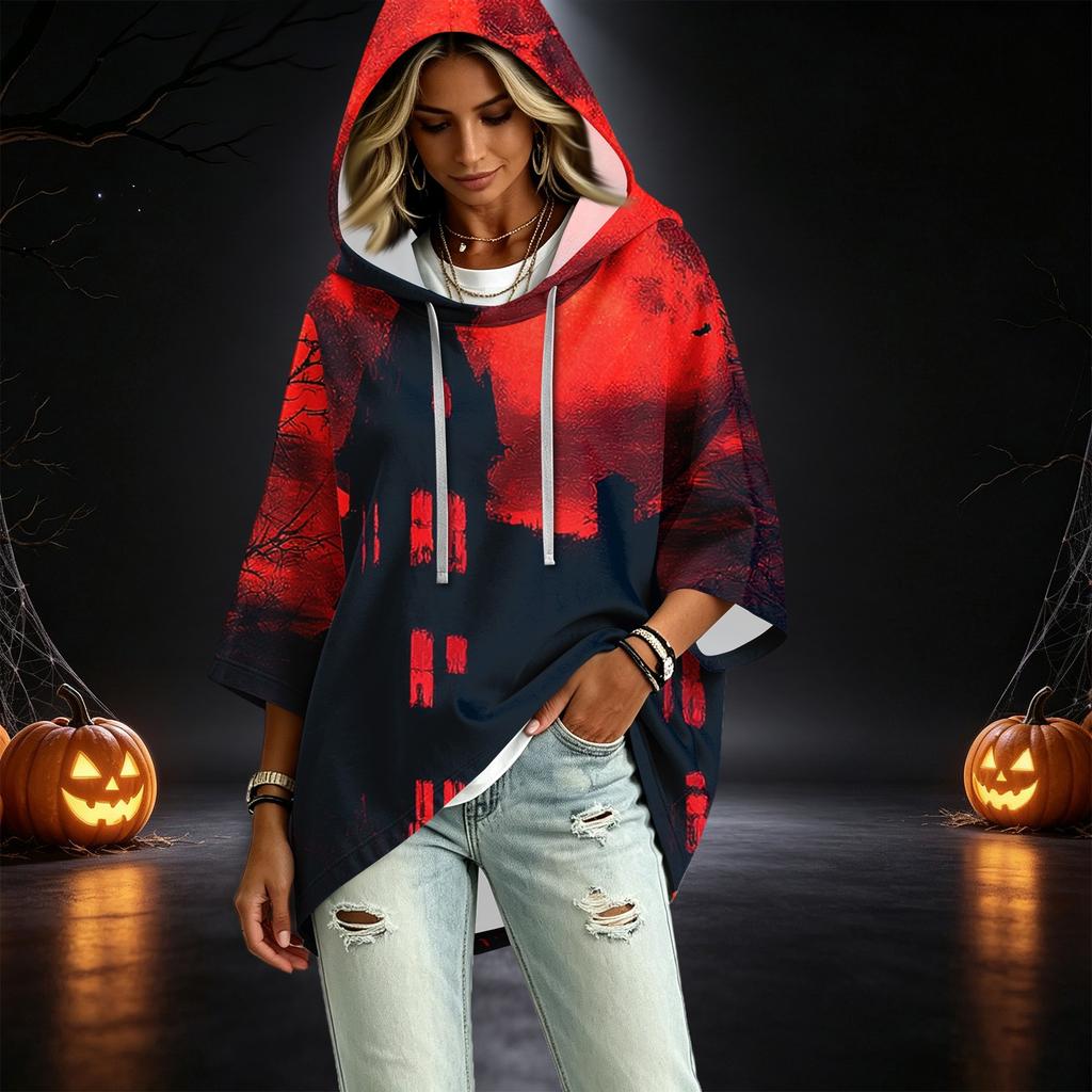 Women's Fashionable Three-Quarter-Sleeve Halloween-Printed Hooded Pullover