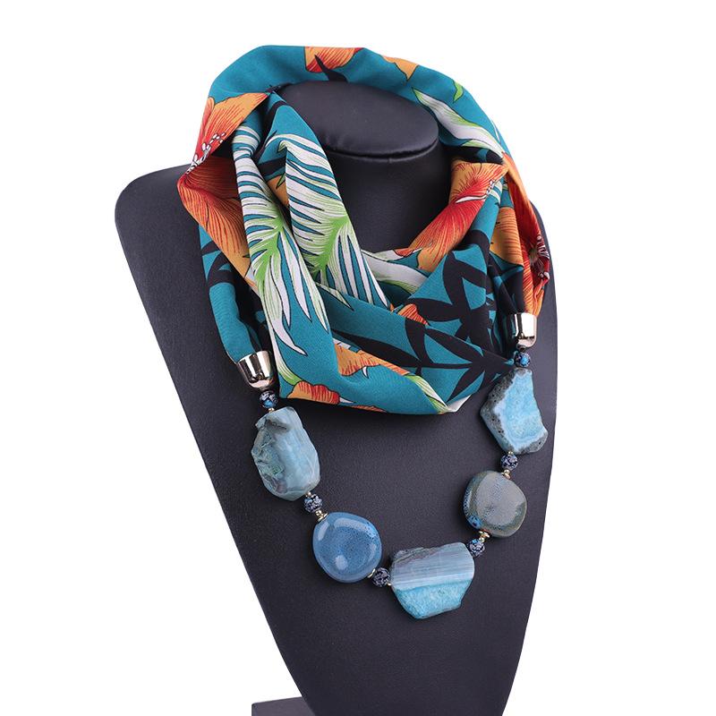 

Tropical Print Scarf Necklace with Stone Beads – Lightweight Chiffon Infinity Scarf for Women, Boho Fashion Accessory 145cm