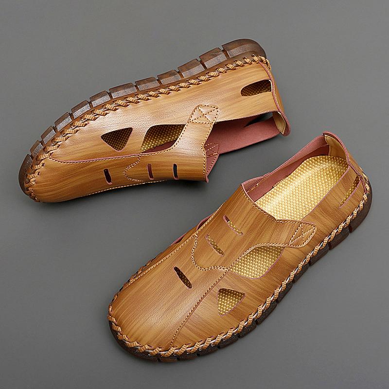 Hand-stitching Mens Casual Shoes New Summer Men Sandals All-match Man Leather Flats Fashion Hollow Out Shoes Breathable Sneakers