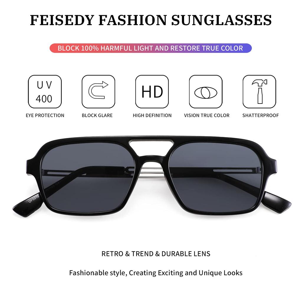 FEISEDY Vintage Square 70s Flat Aviator Popular with Men and UV Protection Stylish Metal B2752 Men's Sunglasses, Large, Style, Women, Lenses, Design,