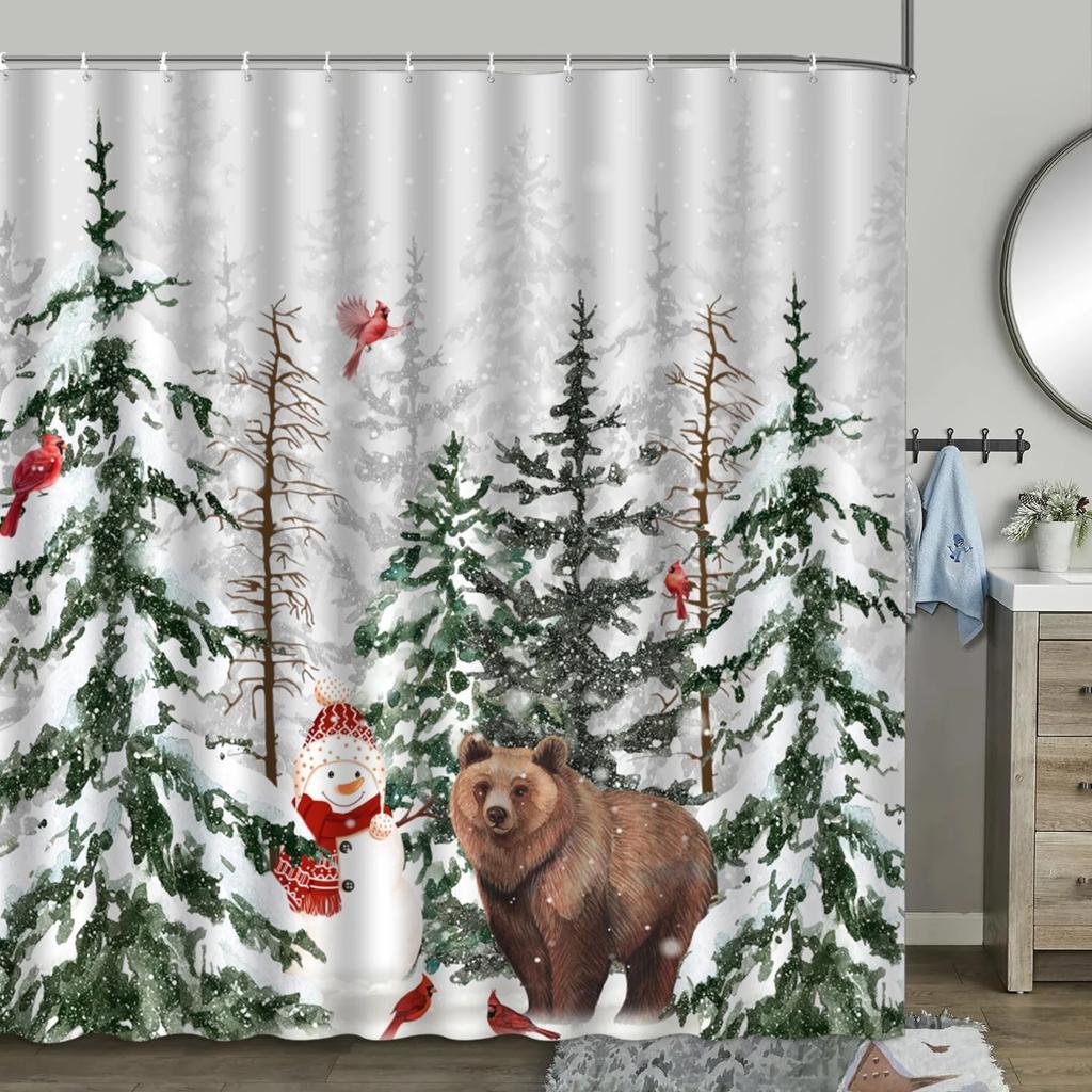 unframed Christmas Shower Curtain, Winter Farm Barn Snowman Animal Moose Berry Christmas Tree Snow Scene Red Bird Bathroom Dec