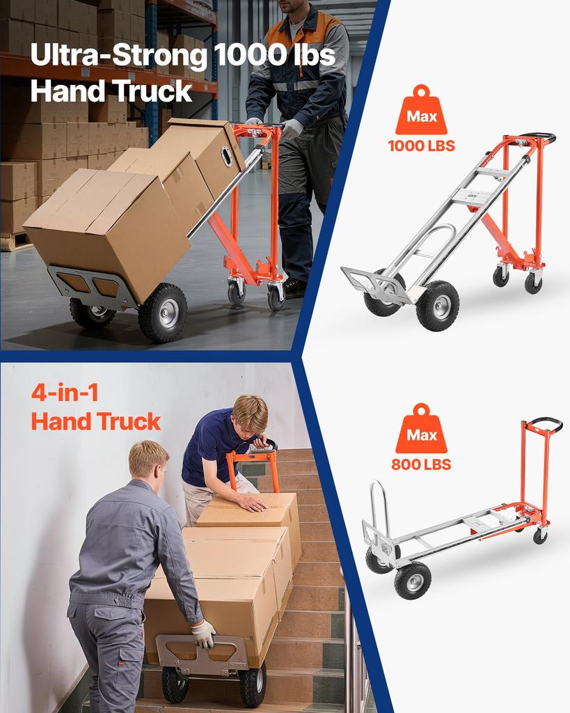 VEVOR 4 In 1 Hand Truck, 453.6 Kg Load Capacity for 4-Wheel Mode, Convertible Hand Truck Dolly with Non-Slip Handle & Wheels