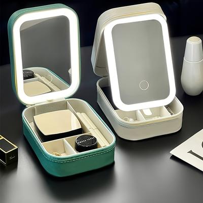 [Upgraded]Small Makeup Bag with LED Mirror, Compact Mirror with Light, 3 Colors of Lights Adjustable Makeup Mirror Storage Box, Portable, Girly Must