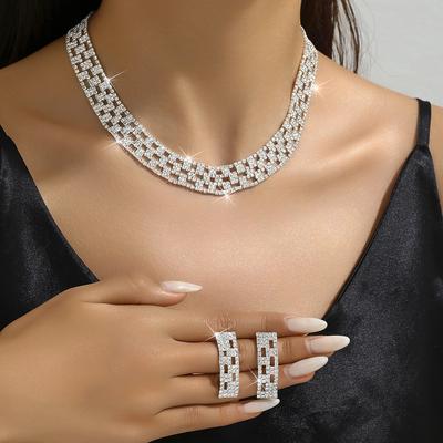Jewelry Luxury Wedding Dinner Party Women'S Water Diamond Hollow Necklace Stud Earrings Two-Piece Set
