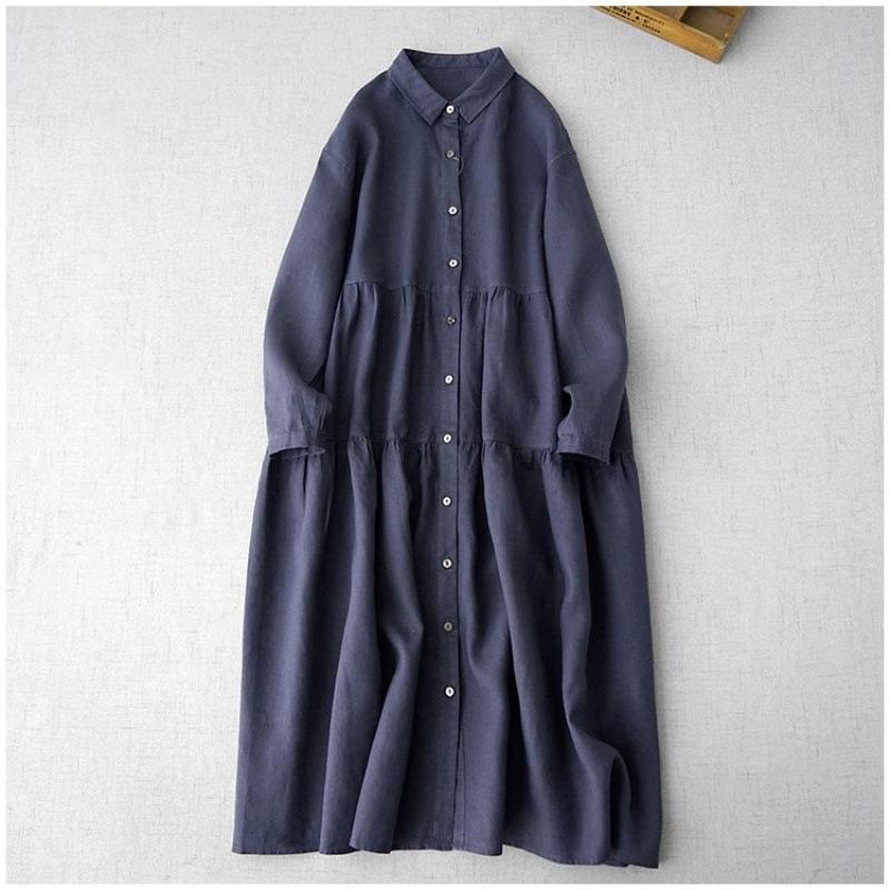 Spring Women's Cotton and Linen Long Sleeved Mid Length Shirt Dress