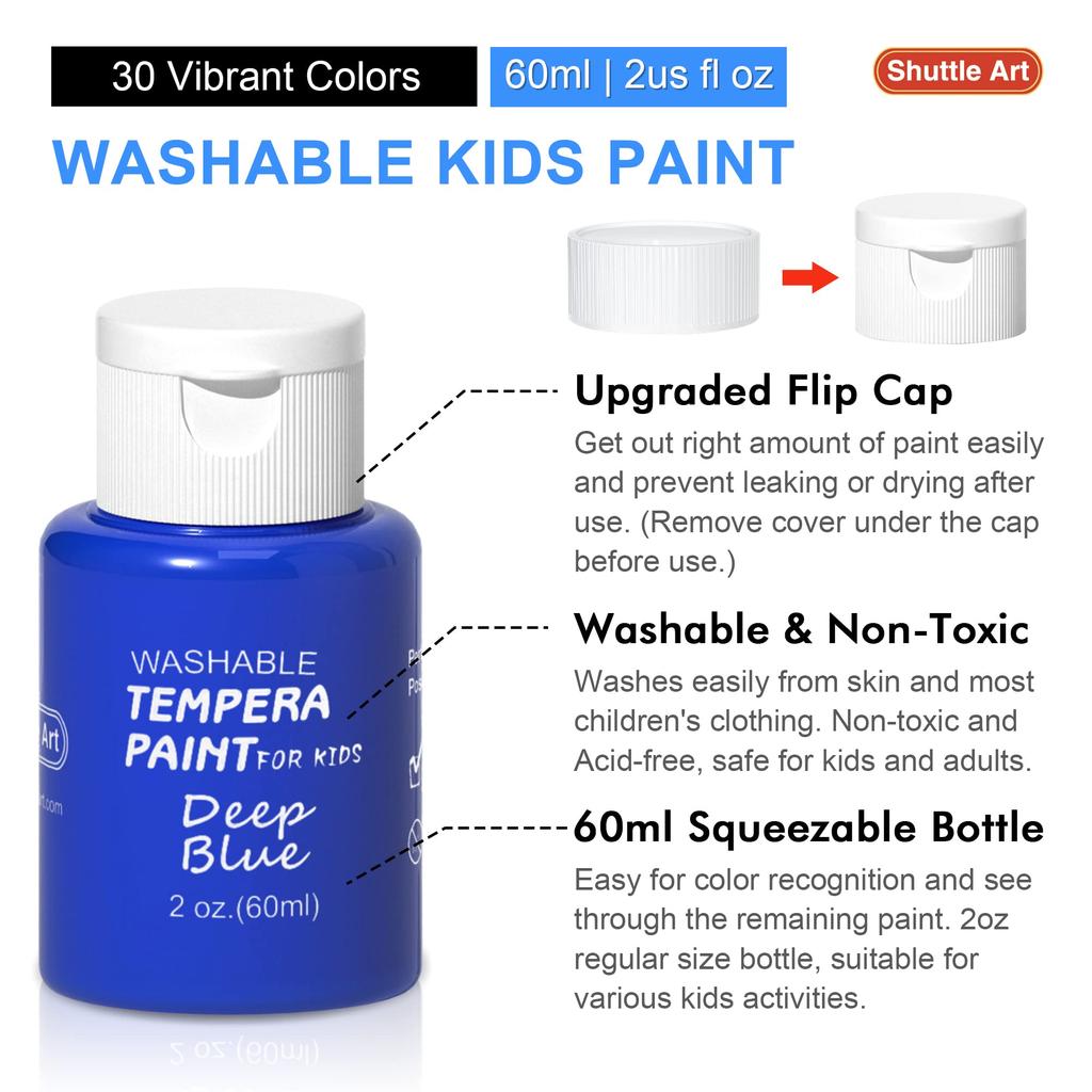 Shuttle Art Tempera Paint Finger Paint 30 Color Set Water Based Kids Paint 60ml Washable Washable Handprint Art Bottle Paint Easy To Fall Children's