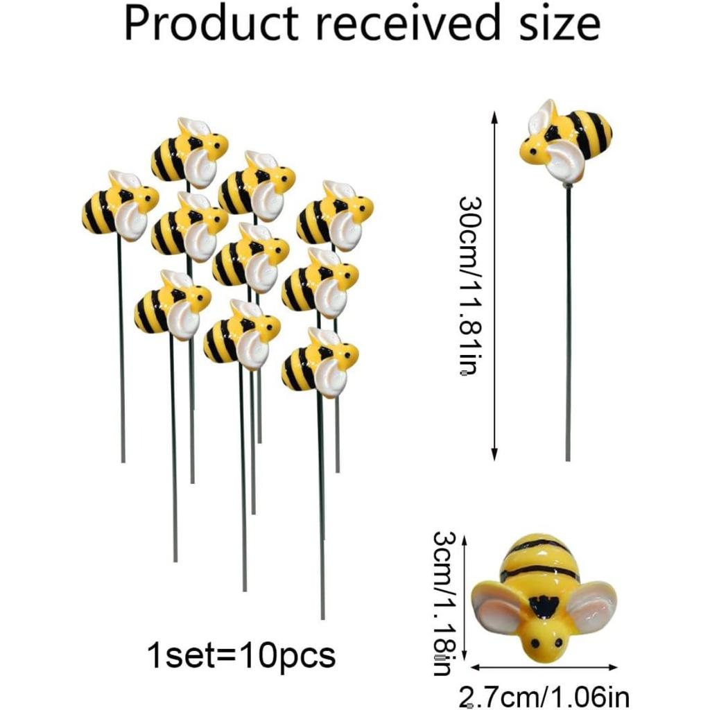 10Pcs Bee Garden Stakes Decor, Metal Yard Art Stakes, Front Yard Art Stick Floral Picks Bumble Bees Garden Stakes Outdoor Lawn Pathway Patio Plant Pot