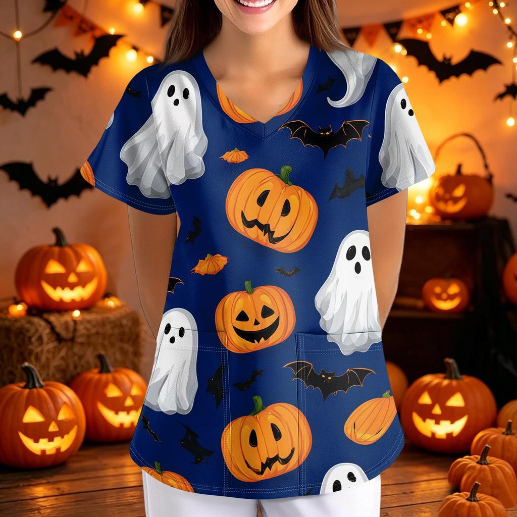 Womens Halloween Print Loose Fit V Neck Short Sleeve Medical Scrub Top Nurse Uniform with Pockets Lightweight Comfortable Workwear