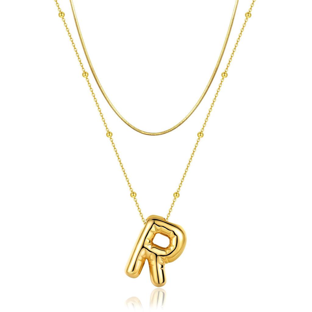 14K Double Round Snake Bone Chain Bead Chain Biscuit Balloon Letter Neck Chain Bubble Letter Foam Letter Necklace