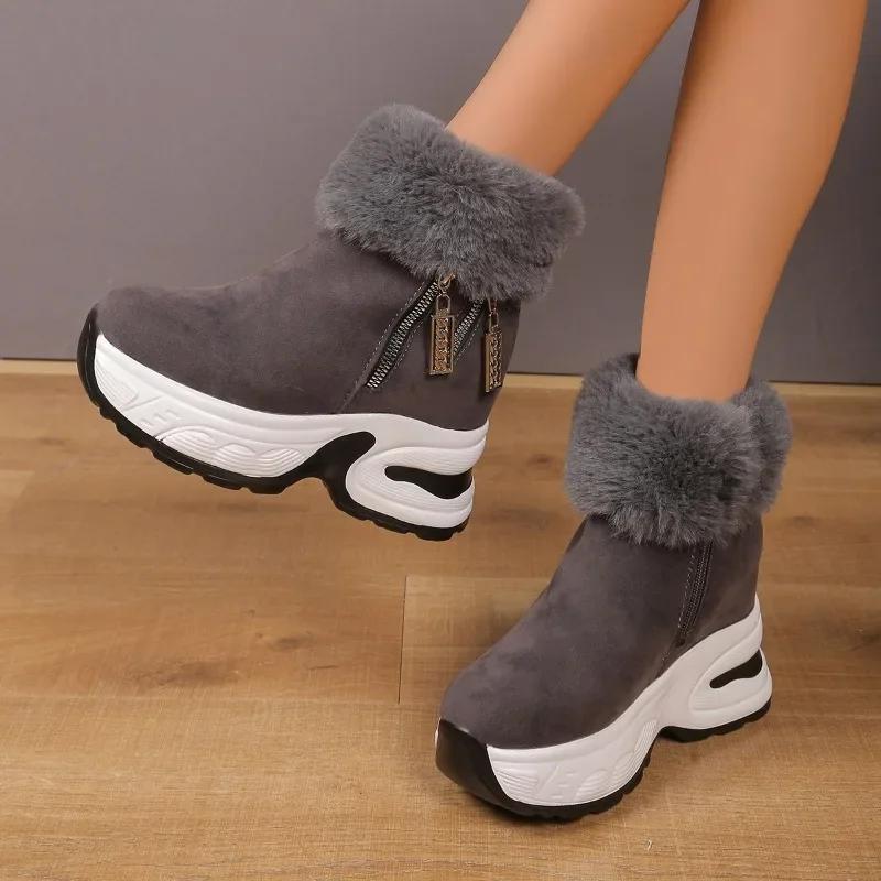 Fashion Shoes Female 2024 New Side Zip Women's Boots Winter Round Toe Plush Fleece for Warmth Short Barrel Platform Wedge Snow Boots