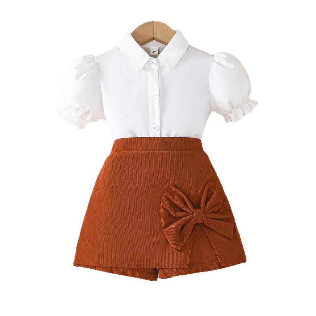 Girls' Two-Piece Set with Puff Sleeves, Turn-Down Collar Cardigan, and Bowknot Skirt Pants