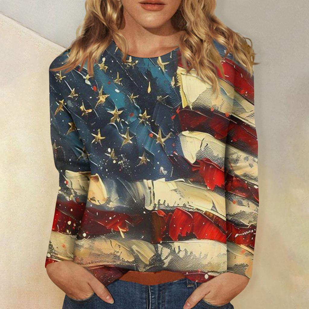 Womens Spring Tops Long Sleeve Patchwork Star Print Casual Crewneck Summer Shirts for Women Comfortable Fit