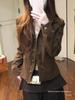 Women's Turn-Down Collar Brown Workwear Jacket, Petite Short Style, Early Autumn American Design