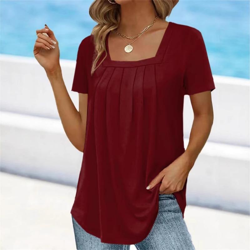 T-shirt d'été à manches courtes pour femmes, plissé, à col carré, grande taille, couleur unie, haut ample, mode élégante pour le bureau, décontracté simple