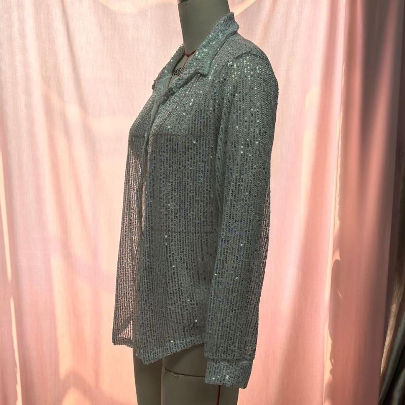 Spring Solid Long Sleeve Sequin Casual Shirts Women Fashion Street Turn Down Collar Loose Women's Blouses Summer Tops Elegant Button Up Shirt 26491