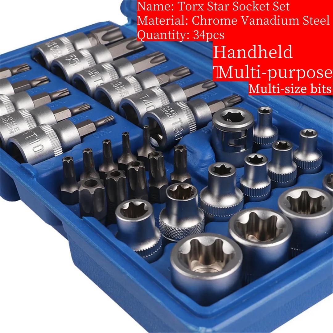

New 34pcs Bit Socket and E-Torx Star Socket Set 1/4 3/8 Drive Male Female E-torx Security Bits Handheld Tool Auto Repair Tool