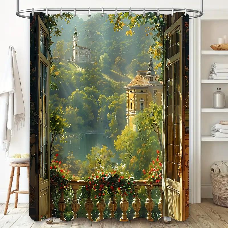 

Enchanting European Landscape Shower Curtain - Artistic View Of Historic Buildings And Lush Greenery Waterproof Durable W60H190(CM)-1 Pcs