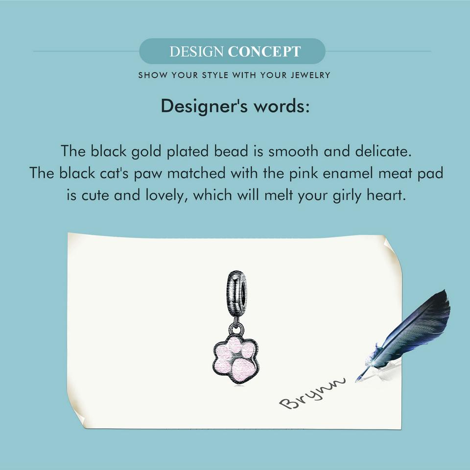 WOSTU 925 Sterling Sølv Svart Gull Mini Cat Paw Charms Anheng Dyreperle For Kvinner Fit DIY Armbånd Halskjede Smykkefremstilling