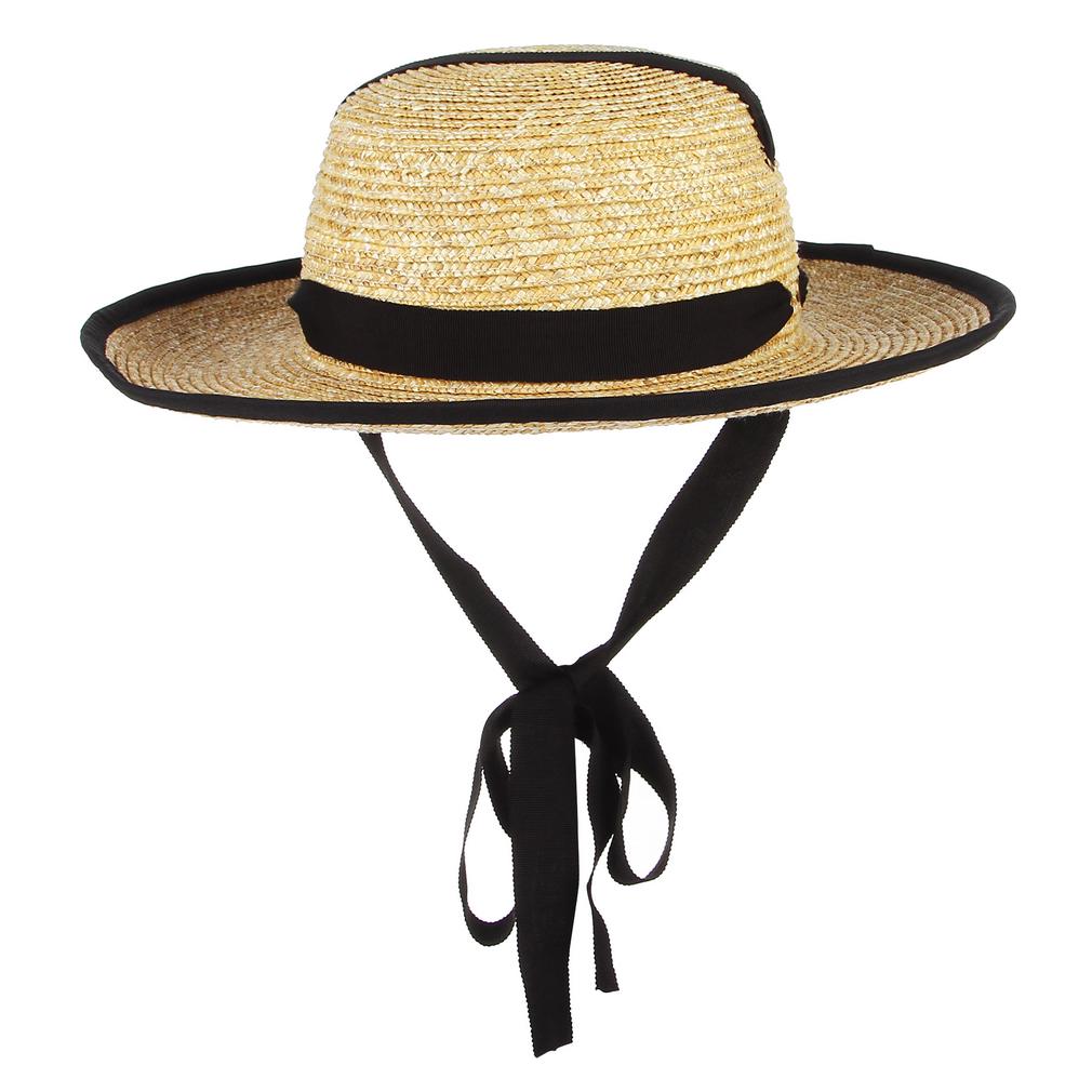 Women Straw Hat Black Ribbon Large Brim 