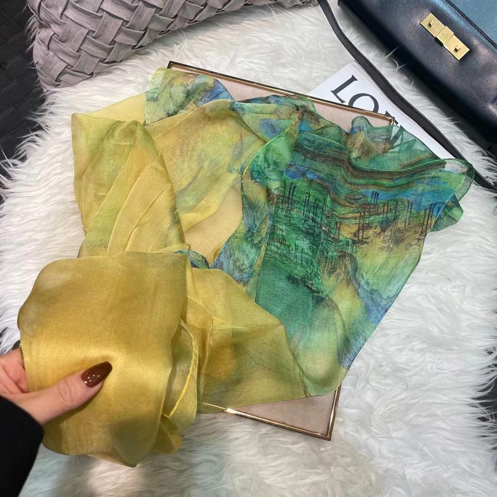 [Bysifa] Green Yellow 100% Silk Chiffon Scarf Fall Winter  Long Scarves Elegant Ladies Summer Beach Shawl Cover-Ups Foulard
