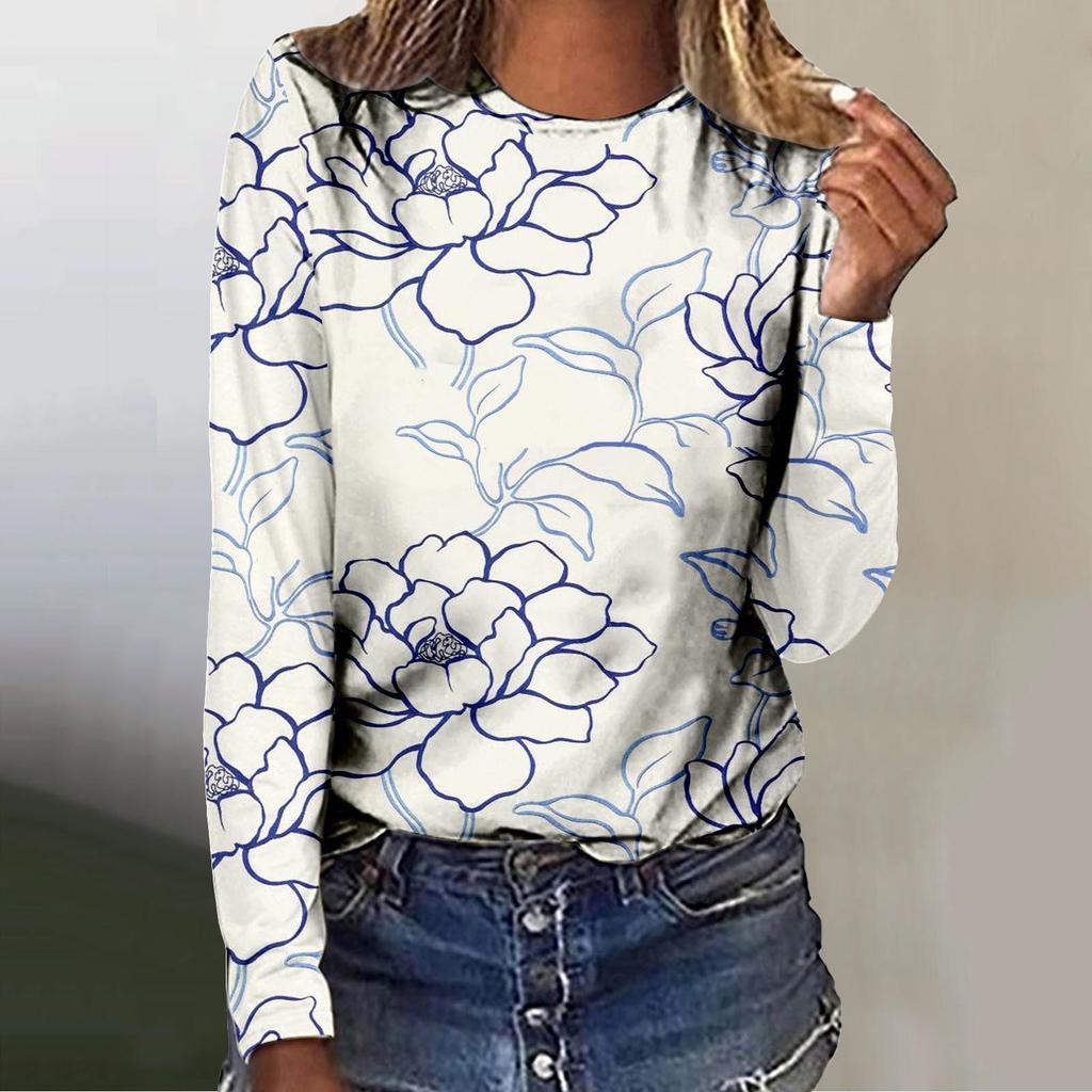 Spring and Autumn Round Neck 3D Flower Pattern Printed Top Fashionable Casual Long Sleeved Women's T-shirts