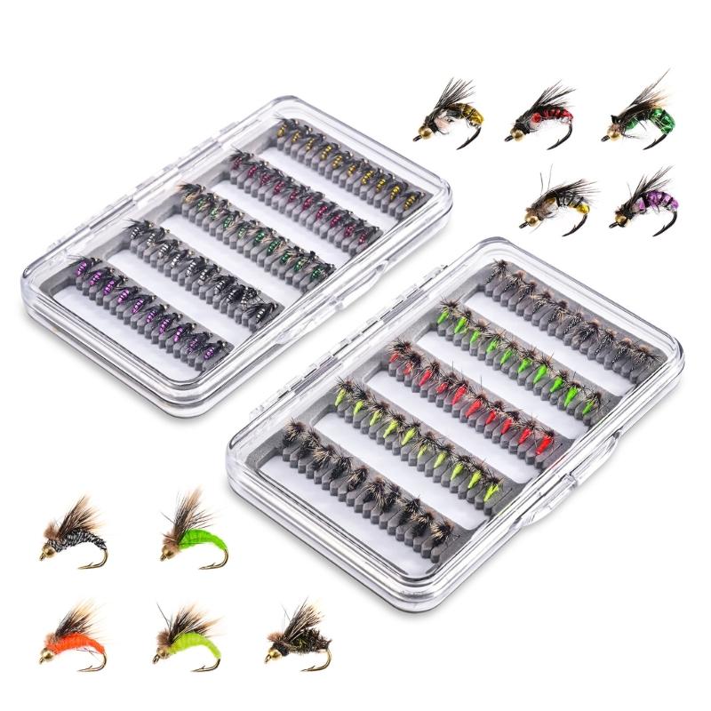 50Pcs/set Fly Fishing Lures Bass Salmon Trout Flies Fishing Tackle Dry/Wet Fishing Feather Baits Fly Fishing Flies Kits