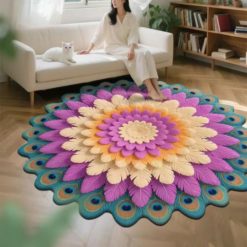 3D Visual Floral Circular Floor Mat, Crystal Velvet Printed Carpet, Home Decoration Living Room Anti-slip and Easy-to-maintain Carpet