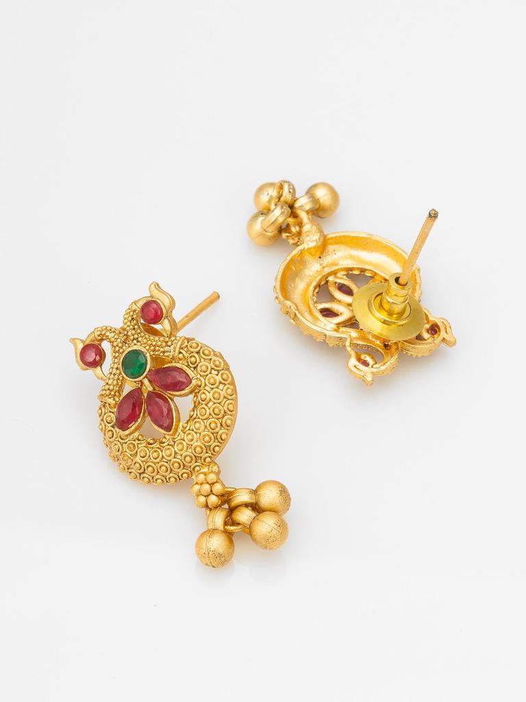 Gold-Plated Maroon Stone-Studded & Beaded Jewellery Set