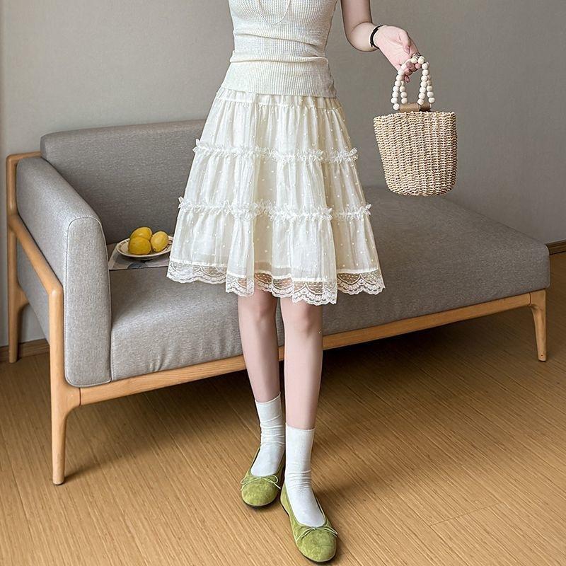 Lace Skirt Women's Summer Thin A Word 5 Points Cake Skirt Sweet Trendy Elastic Waist Polka Dot Mesh Tiered Mini Skirt