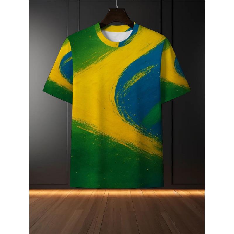 Brazil Flag Colors Men T-Shirt Abstract Paint Brush Graphic Short Sleeve Crewneck Tee Yellow Green Summer Casual Tops Football Fan Soccer Clothing