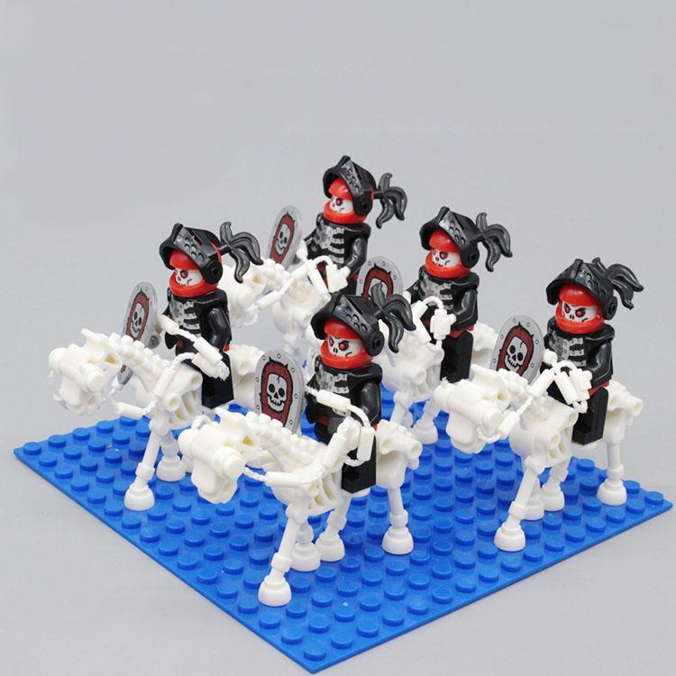 5 Set/Lot Medieval Castle Skeleton Knight & Horse With Cap Undead Army Soldier Action Figure with Weapon Shield Block Kid Toys